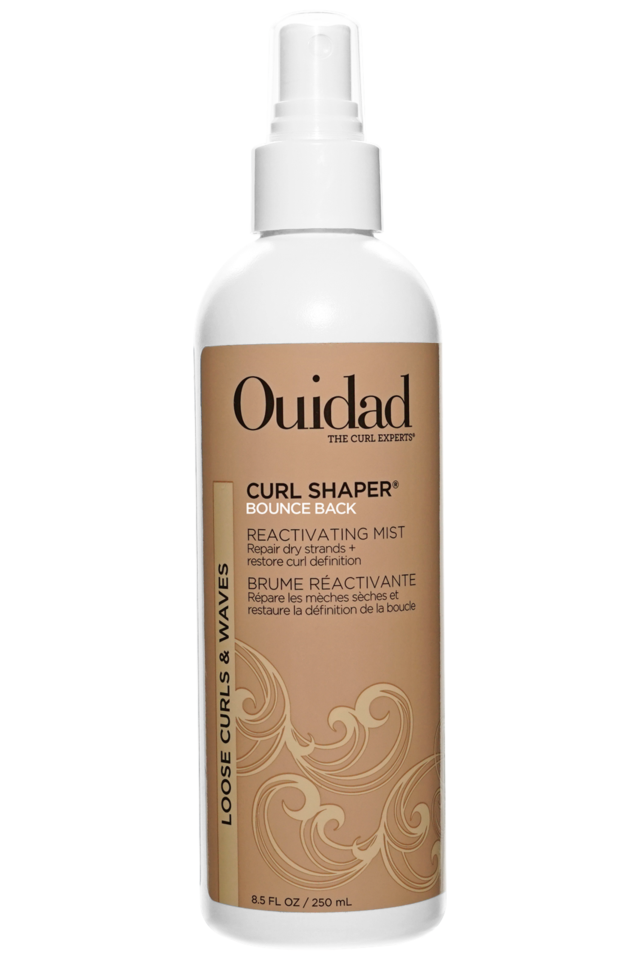 Front view of a bottle of Curl Shaper Bounce Back Reactivating Mist on white background